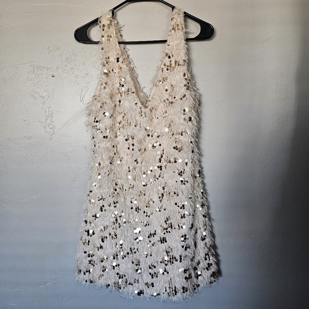 Mustard Seed Women's Medium Cream Sequin Dress Faux Fur Rose Gold Party Holiday
